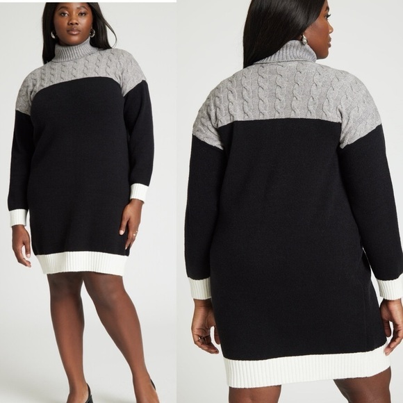 Eloquii Cable Knit Colorblock Turtleneck Sweater Dress In Gray Black 26/28 NWT - Picture 1 of 8